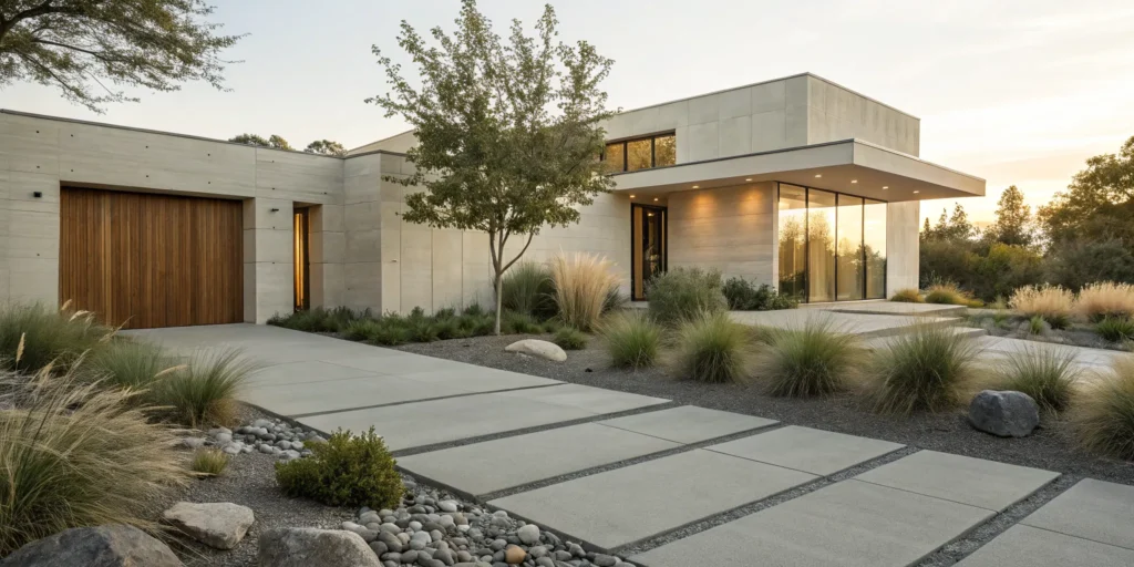 Modern low maintenance front yard landscaping with stone pathways and drought-tolerant plants.