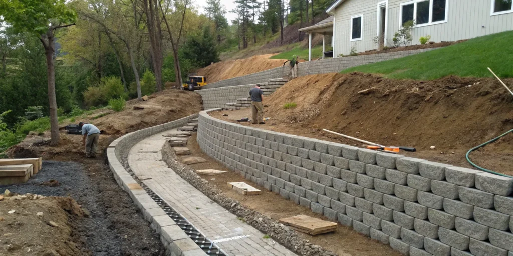 Building a concrete block retaining wall on a slope with a proper drainage system.