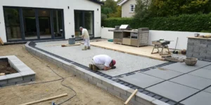 Building the foundation of an outdoor kitchen with concrete pavers and a prepared base.