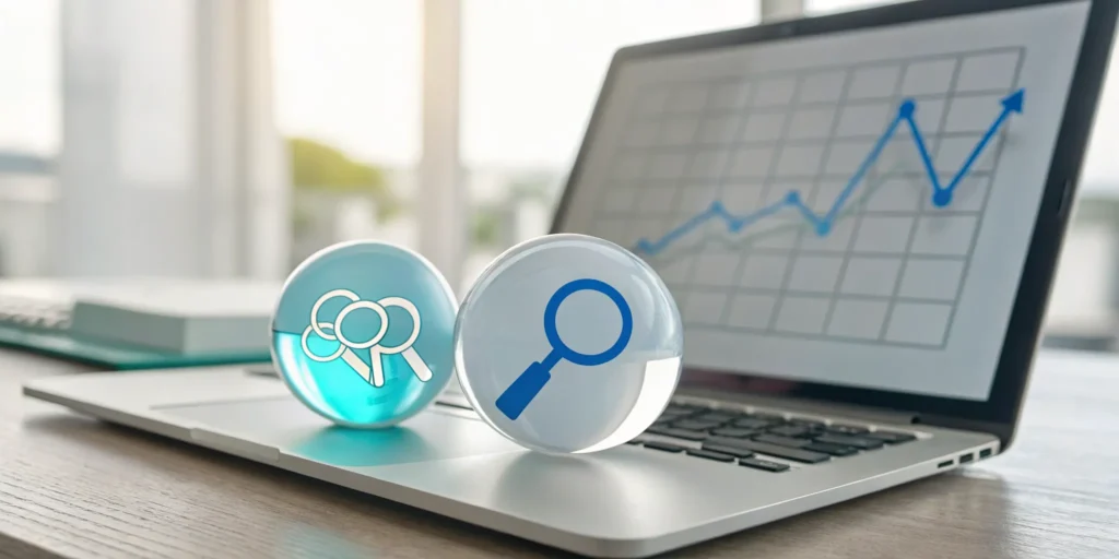 Laptop screen with magnifying glasses and a rising graph showing how to combine keywords for better SEO and PPC.