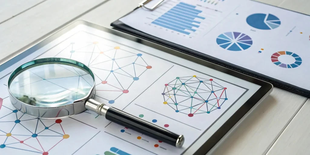 A magnifying glass over a tablet showing charts for text analysis and SEO keyword research.
