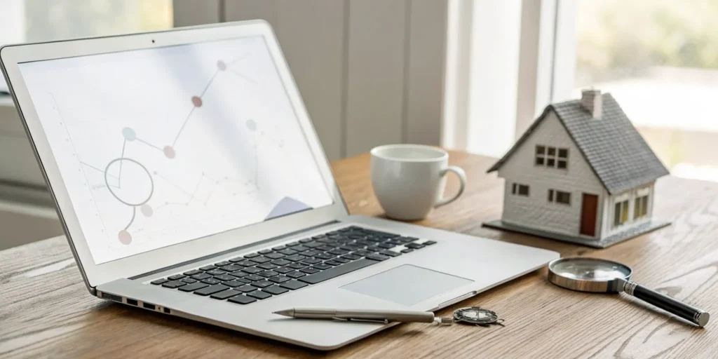 A homeowner researches the meaning of SEO keywords on a laptop next to a small house model.