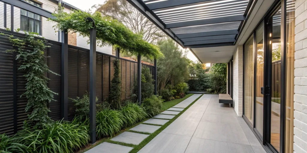 Modern landscape design for a small backyard with a paver patio, pergola, and privacy screen.