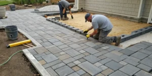 Paver installation showing stones being laid on a prepared sand base for a patio.