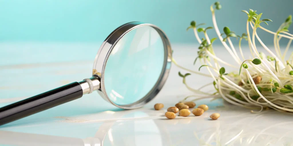 A magnifying glass inspects seeds and sprouts, the foundation of a seed keyword strategy.