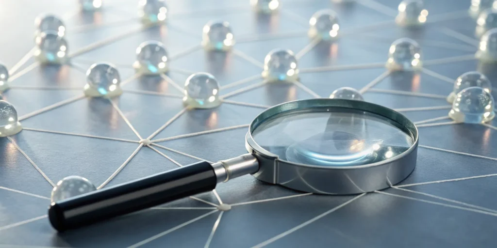 Magnifying glass showing the connections between semantic keywords and related concepts.