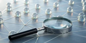 Magnifying glass showing the connections between semantic keywords and related concepts.