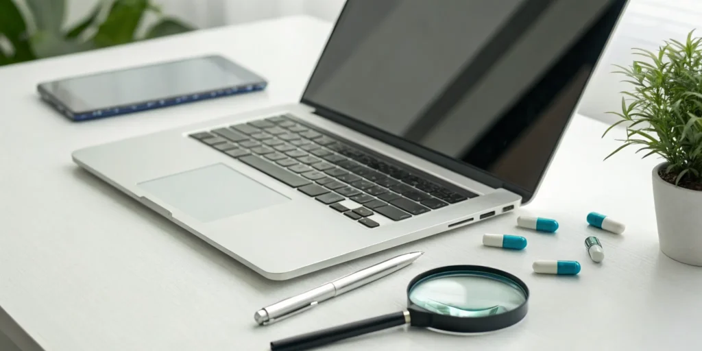 A magnifying glass and laptop on a desk for short keywords and SEO research.